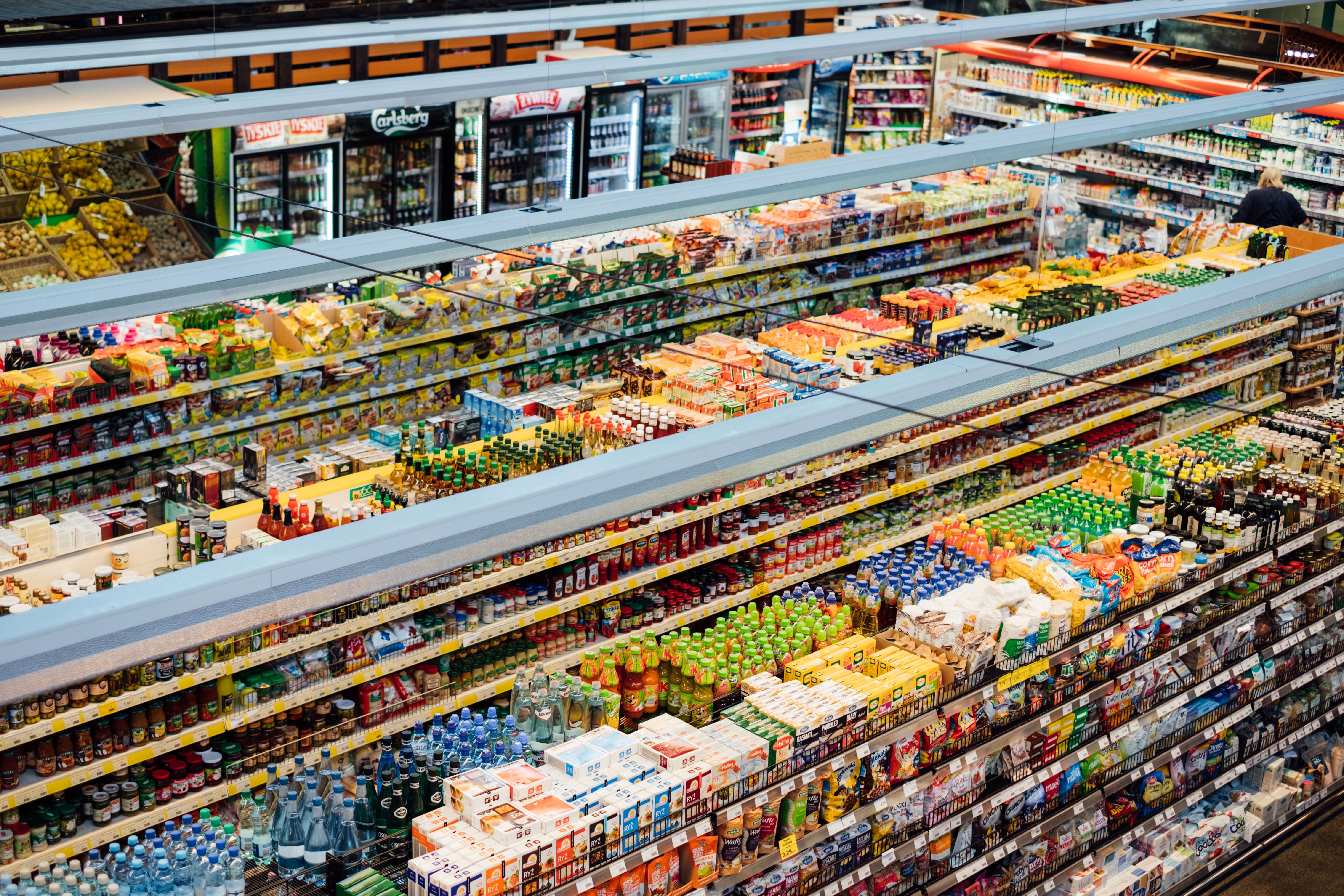 FMCG products on supermarket shelves